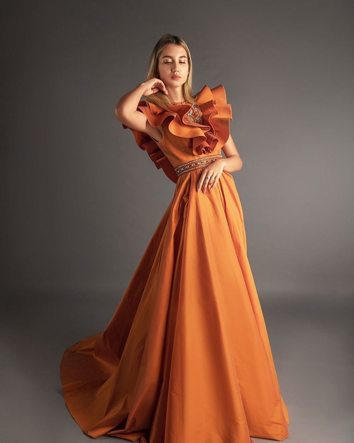 Orange embroidered ruffle Ball Gown