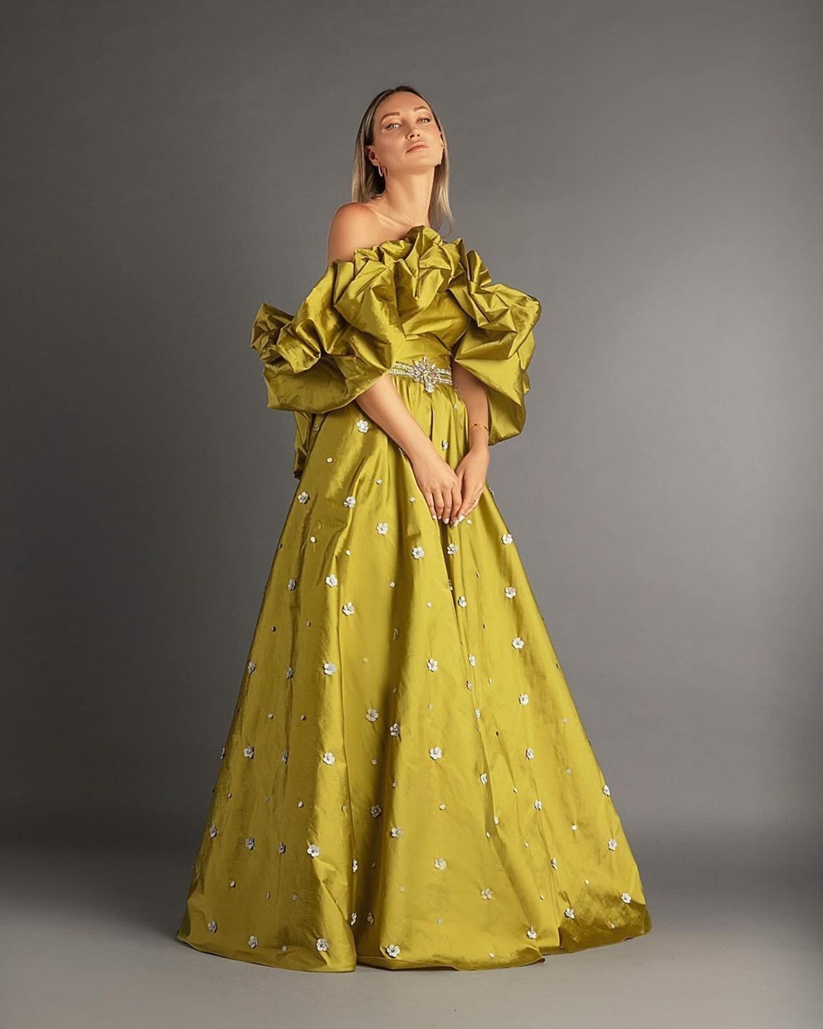 Green embroidered off shoulder Ball gown