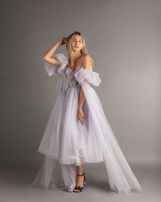 Tinted lavender off shoulder ruffle dress