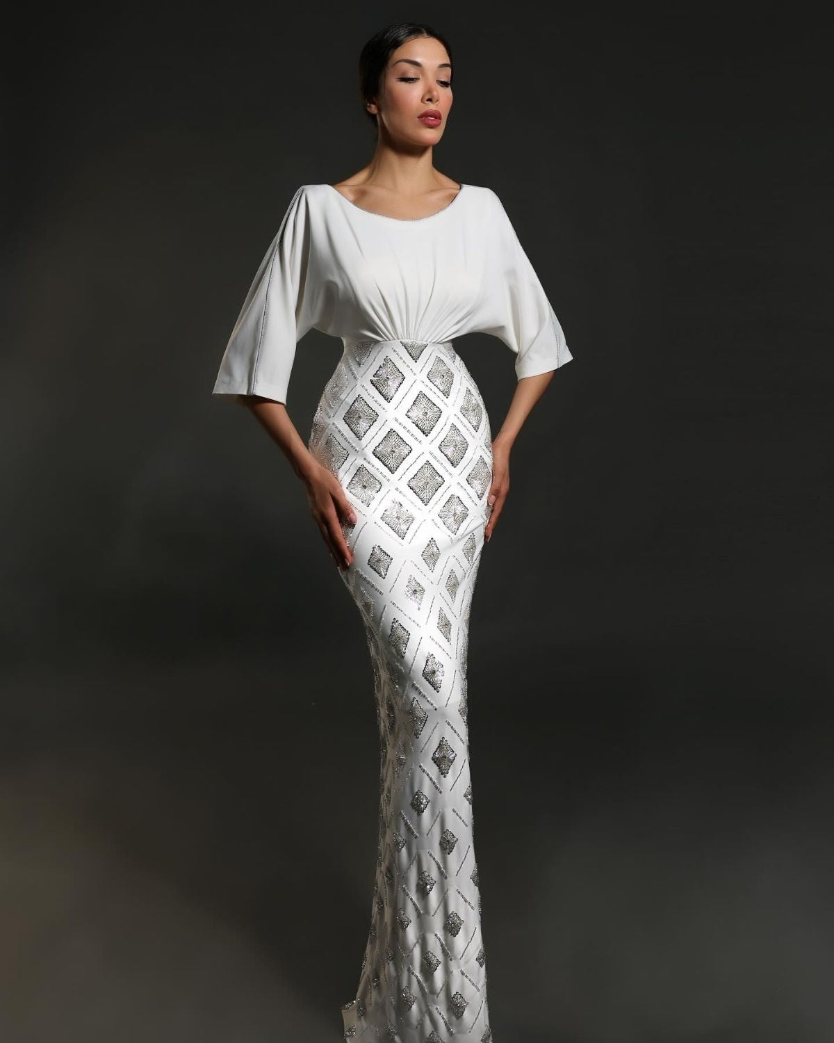 White embroidered bodycon gown