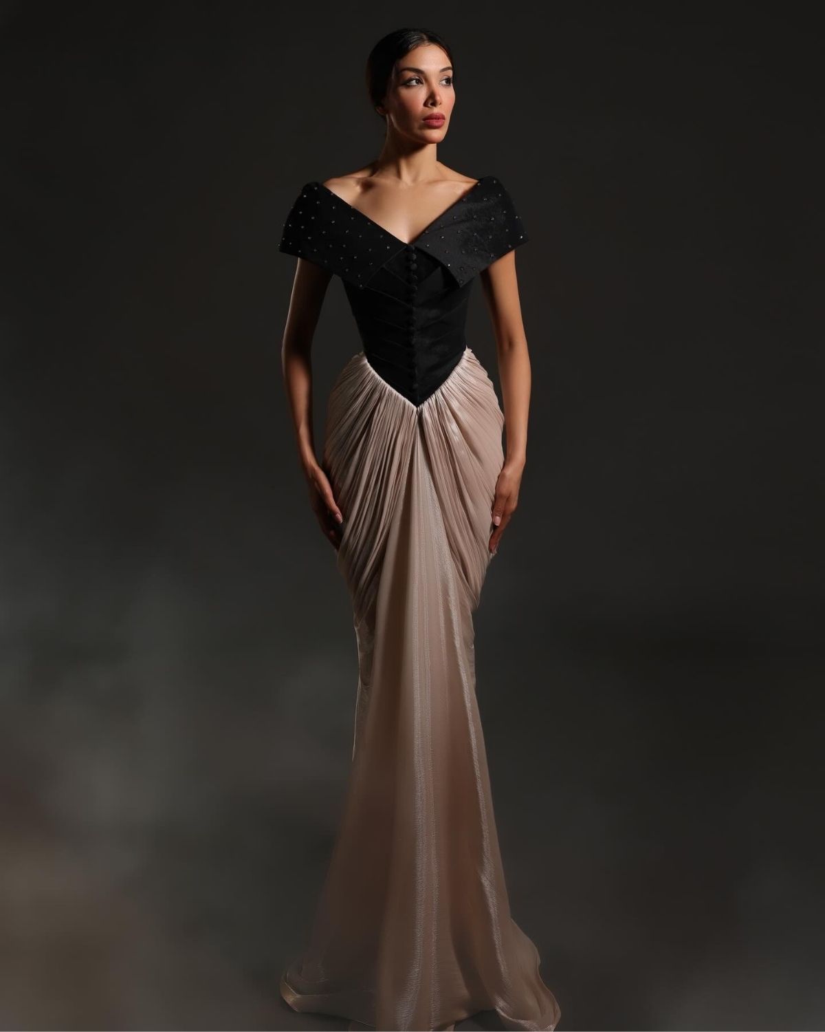 Black and light pink drape corset gown