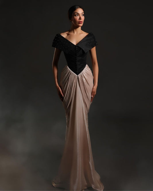 Black and light pink drape corset gown