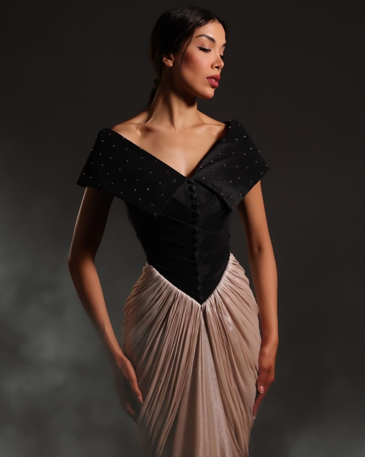 Black and light pink drape corset gown