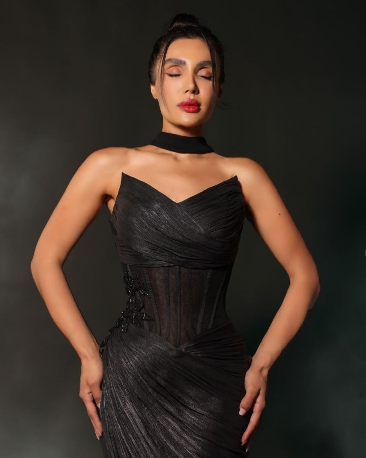 Black sweetheart neckline corset drape gown