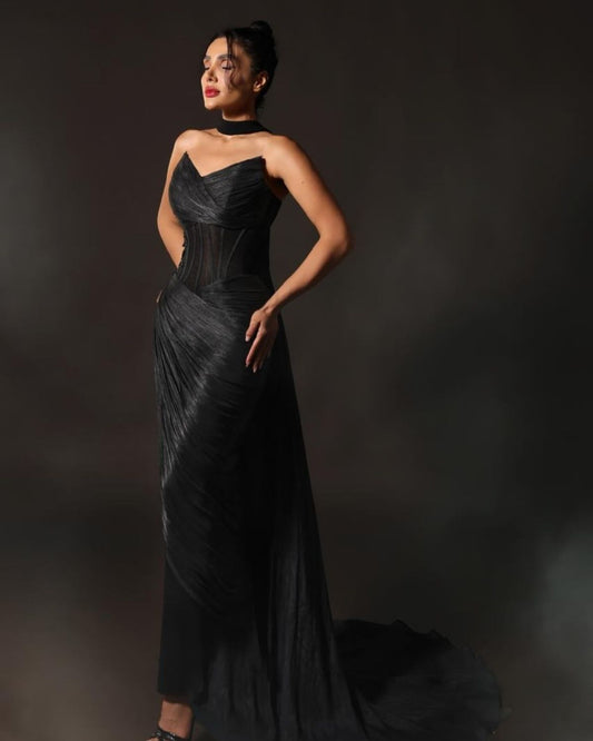 Black sweetheart neckline corset drape gown