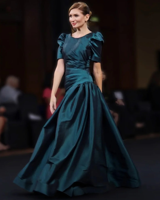Peacock blue balloon sleeves gathered ball gown