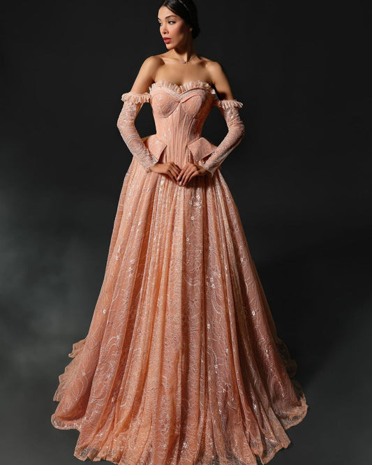 Peach corset fit gathered Ballgown