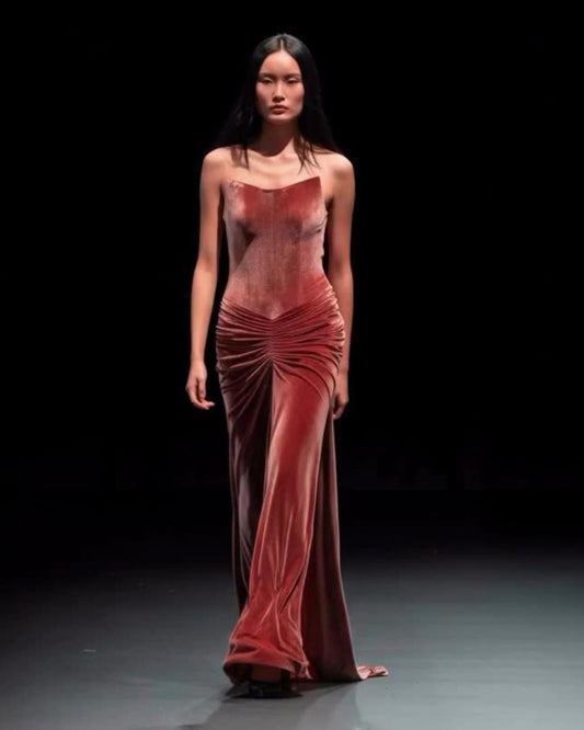 wine color corset off shoulder drape gown