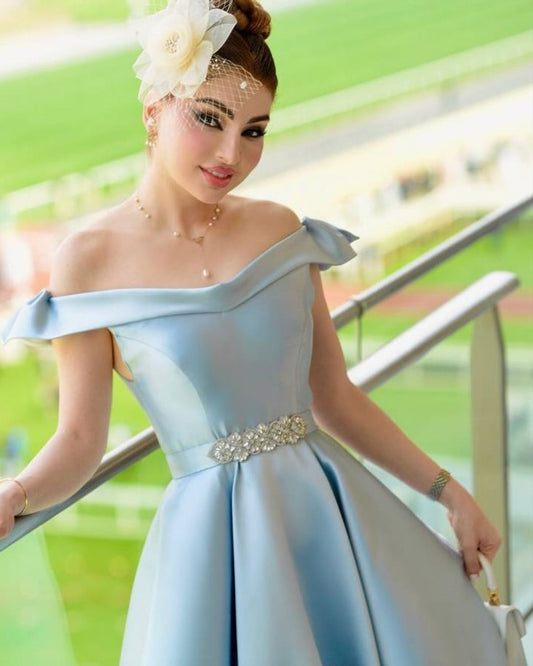Ban Dawood in custom powder blue off shoulder dress