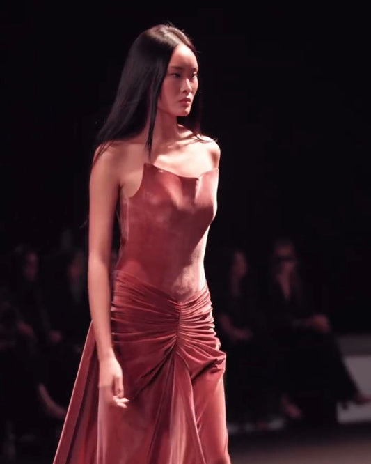 wine color corset off shoulder drape gown