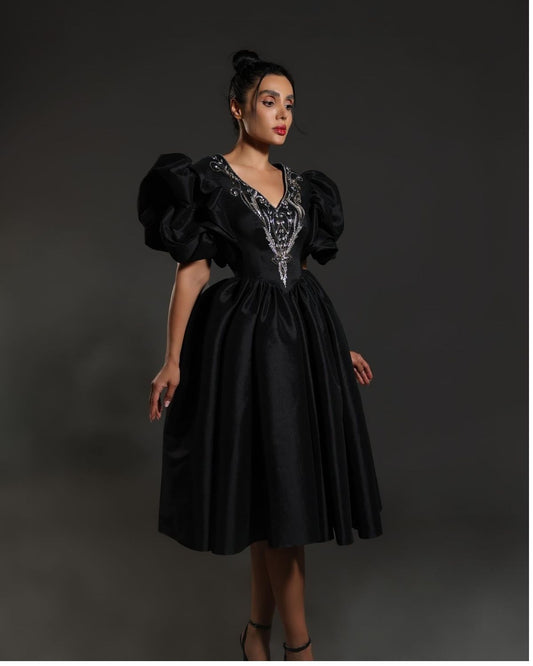 Black embroidered gathered short dress