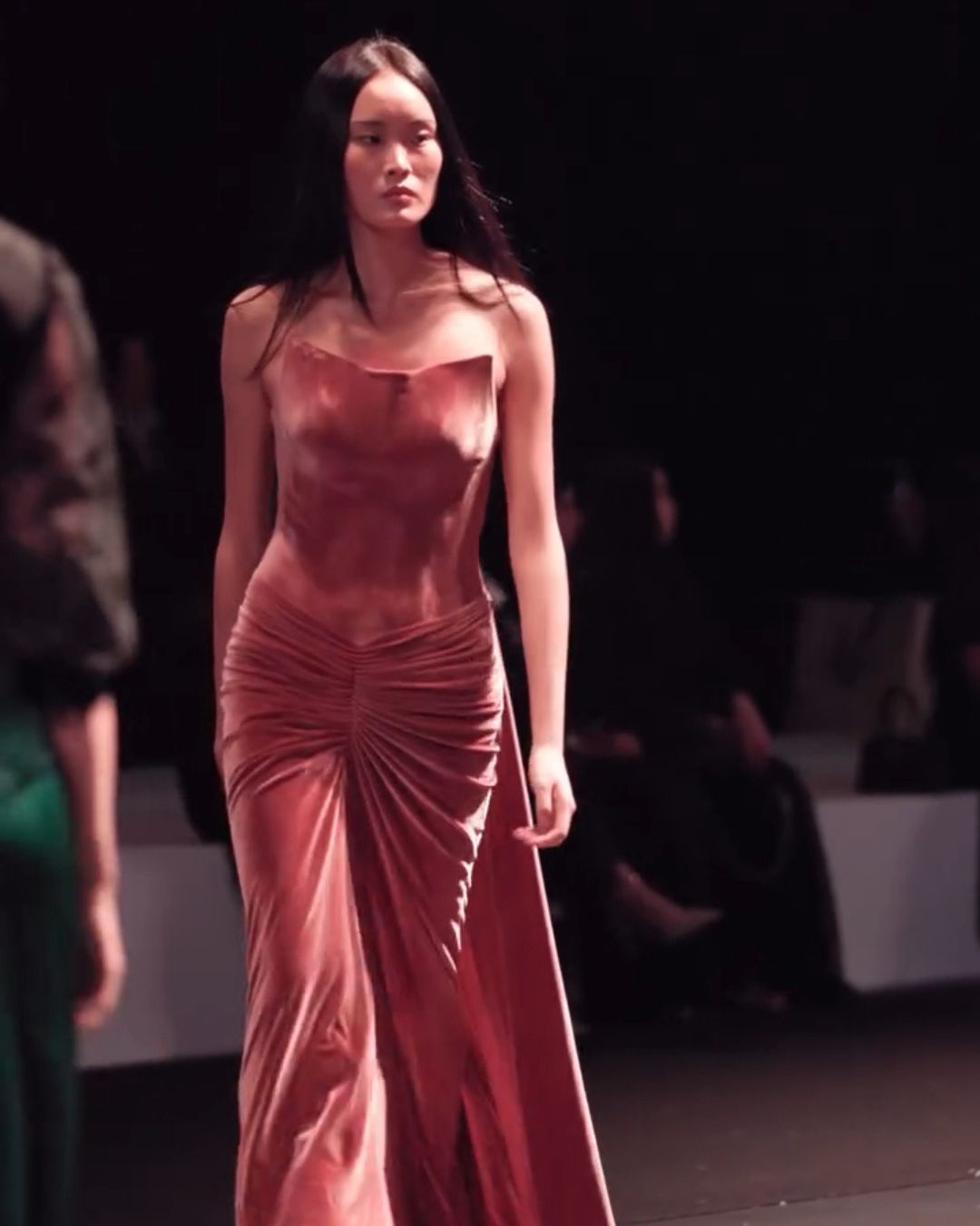 wine color corset off shoulder drape gown