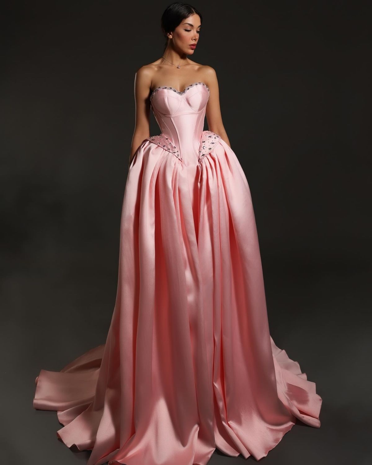 Pink embroidered sweetheart neckline fully gathered ballgown