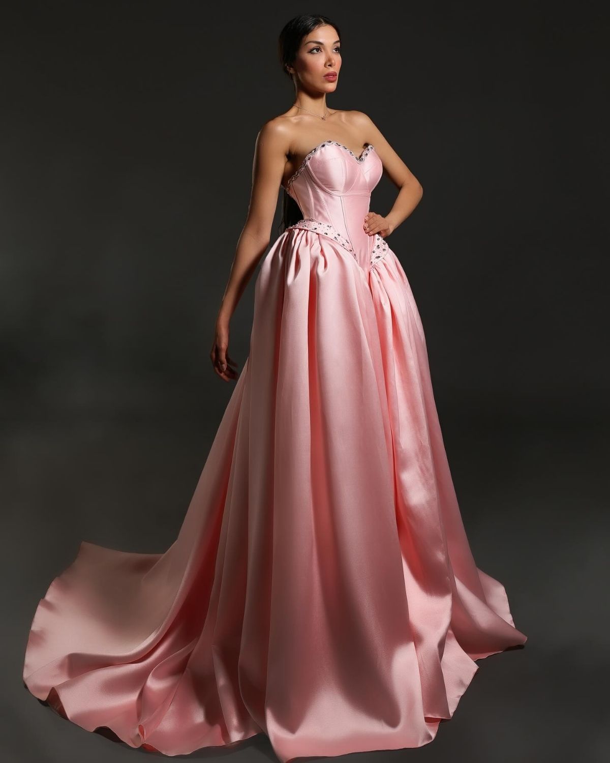 Pink embroidered sweetheart neckline fully gathered ballgown