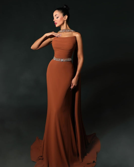 Light brown off shoulder bodycon gown with stole
