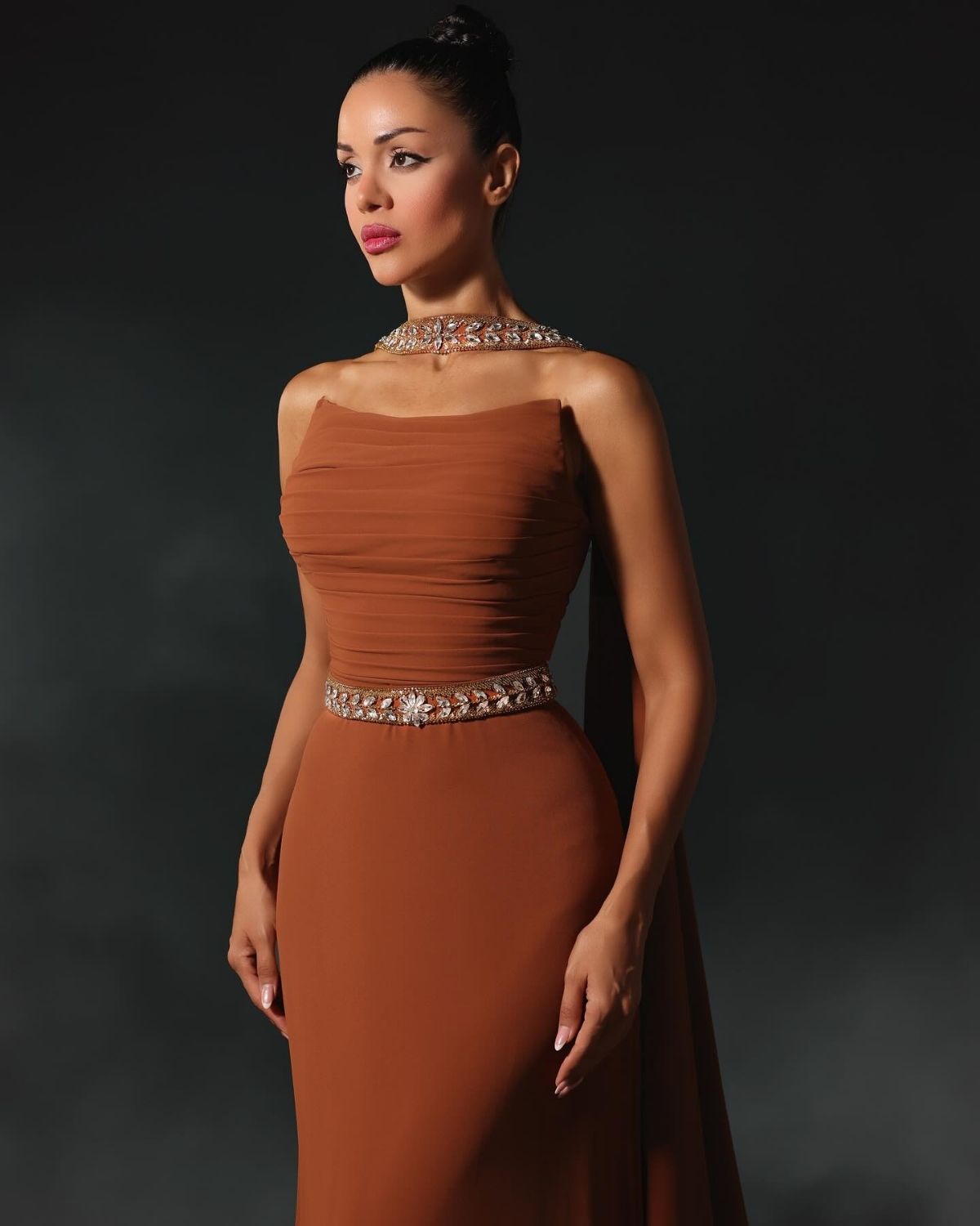 Light brown off shoulder bodycon gown with stole