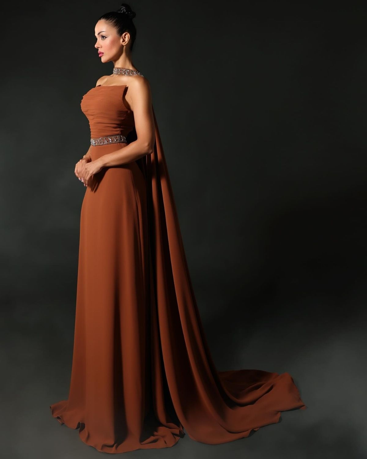 Light brown off shoulder bodycon gown with stole