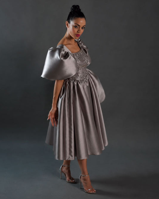 Grey embellished puffed sleeves short gathered dress