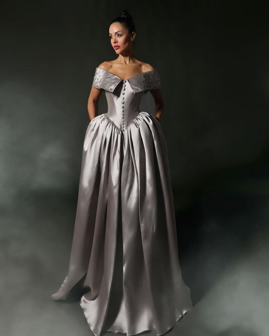 Grey off shoulder corset fit Gathered Ballgown