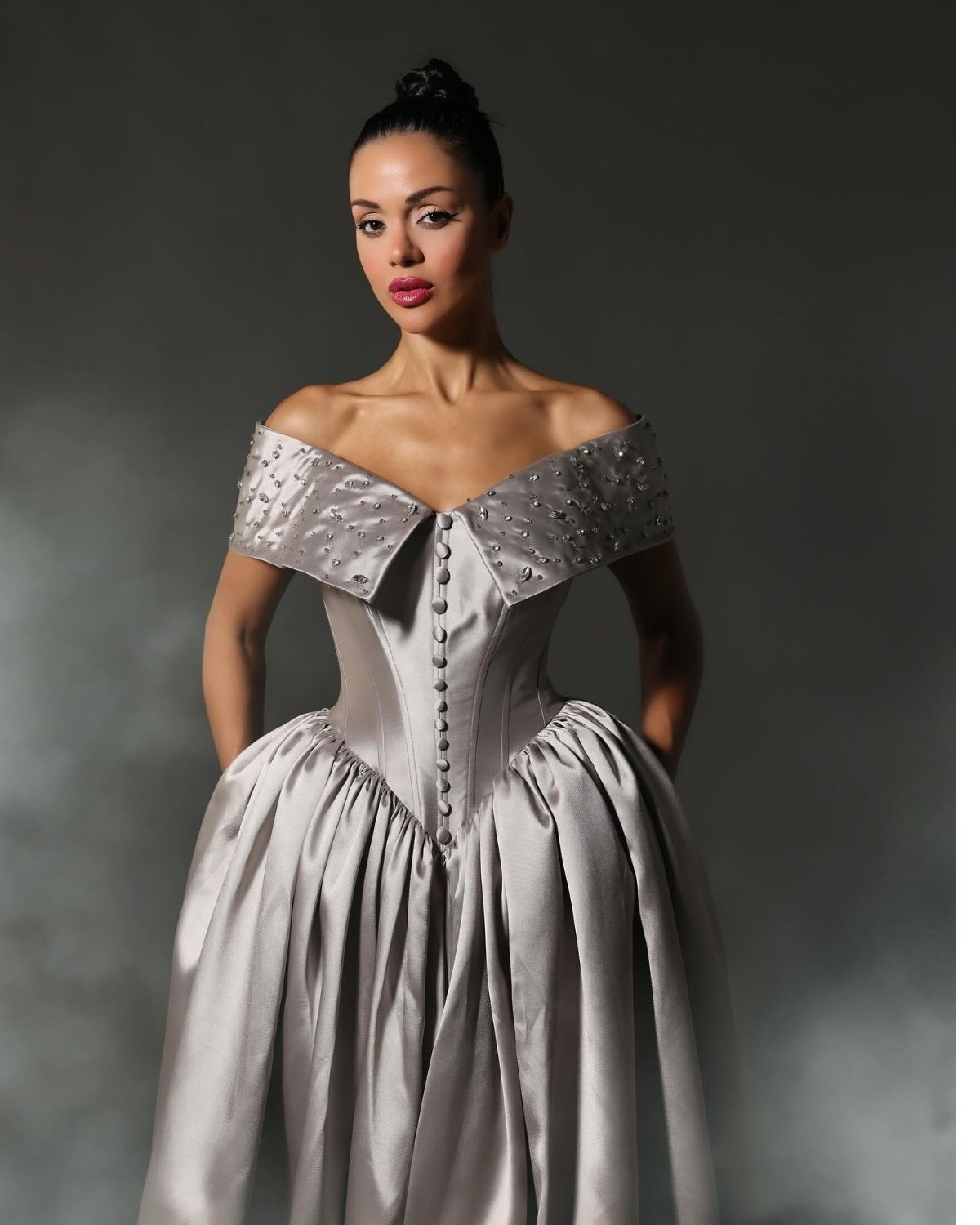 Grey off shoulder corset fit Gathered Ballgown