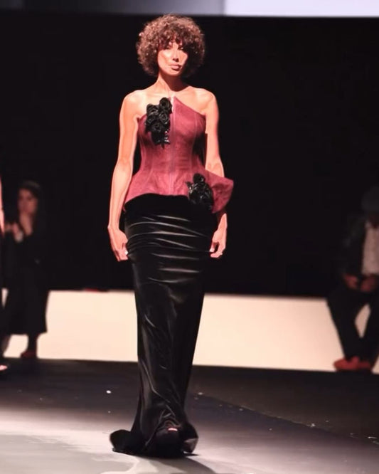 Wine and Black embroidered corset gown