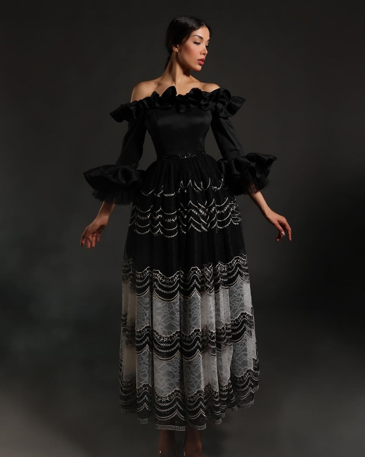 Black off shoulder gathered dress