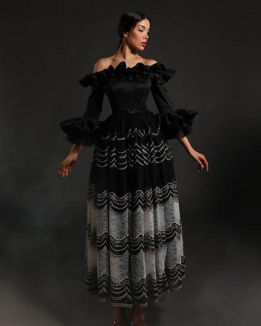 Black off shoulder gathered dress