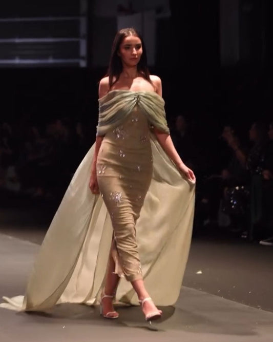 Olive green off shoulder embroidered bodycon flowy cape dress
