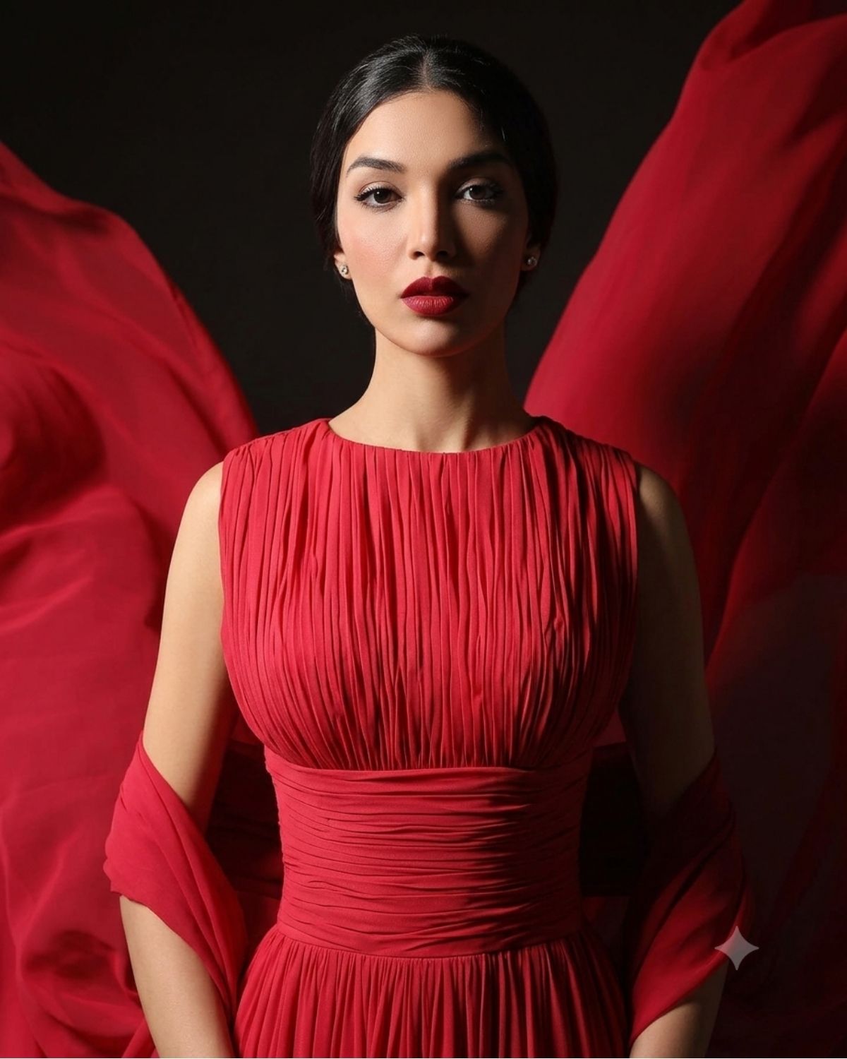 Red pleated sleeveless gathered gown