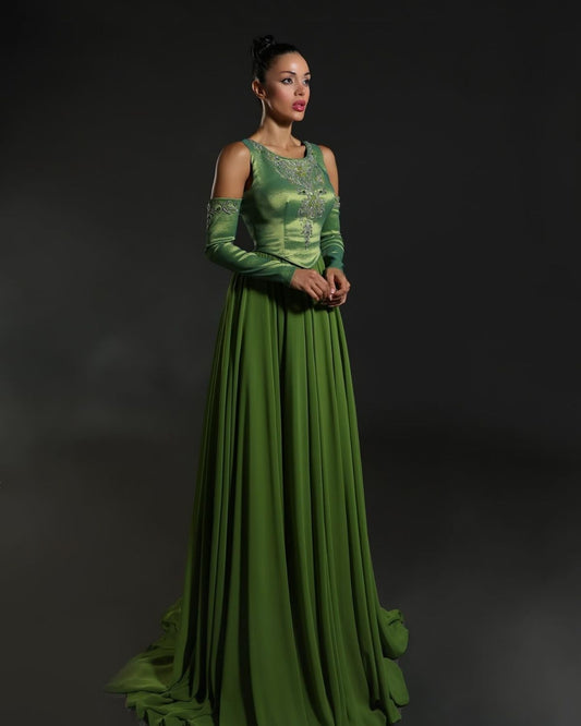 Green Embroidered yoke gathered dress