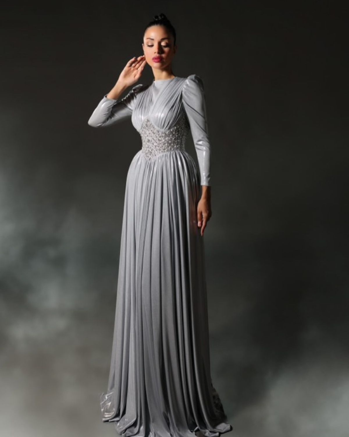 Grey embroidered full sleeves A line gathered dress