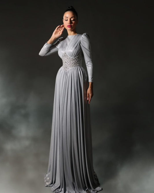 Grey embroidered full sleeves A line gathered dress
