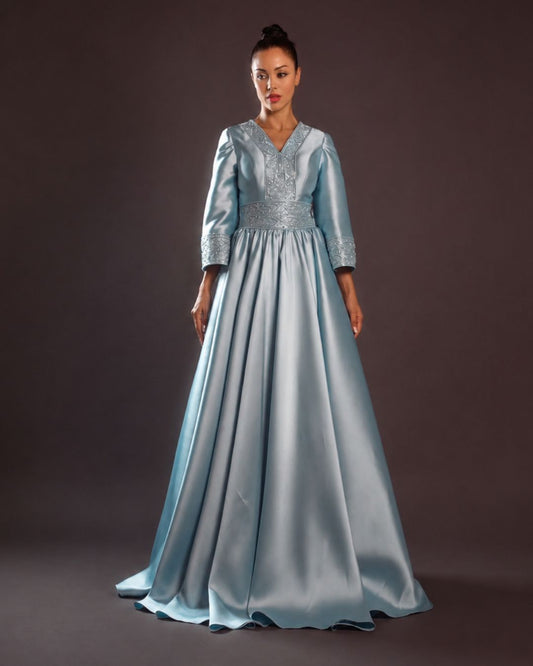 Pastel Blue embroidered v neck gathered gown