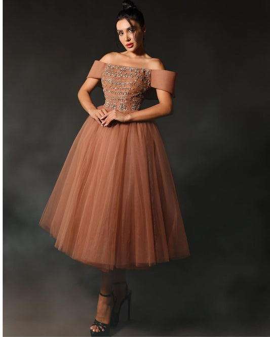 Peach off shoulder embroidered gathered short dress