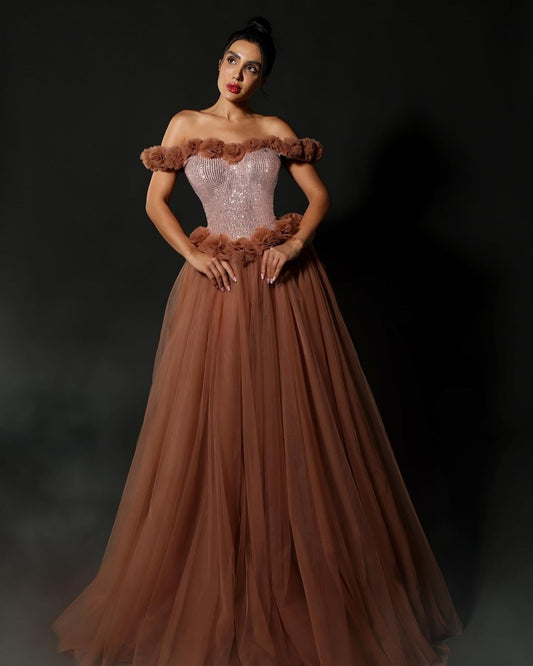 Light brown off shoulder sequence gathered gown