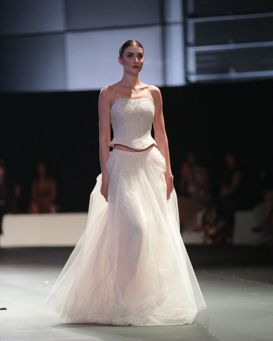 White corset with gatherd skirt set