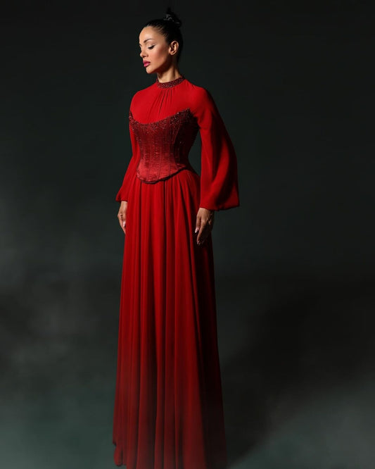 Red corset embroidered gathered dress