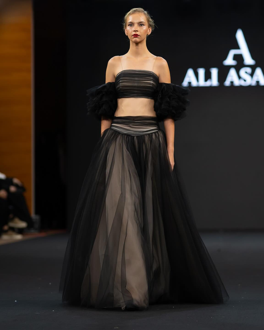 Black mesh blouse and skirt set