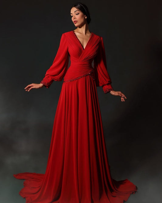Red embroidered full sleeve pleated gathered long gown