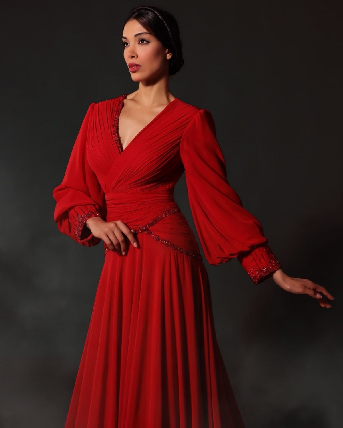 Red embroidered full sleeve pleated gathered long gown