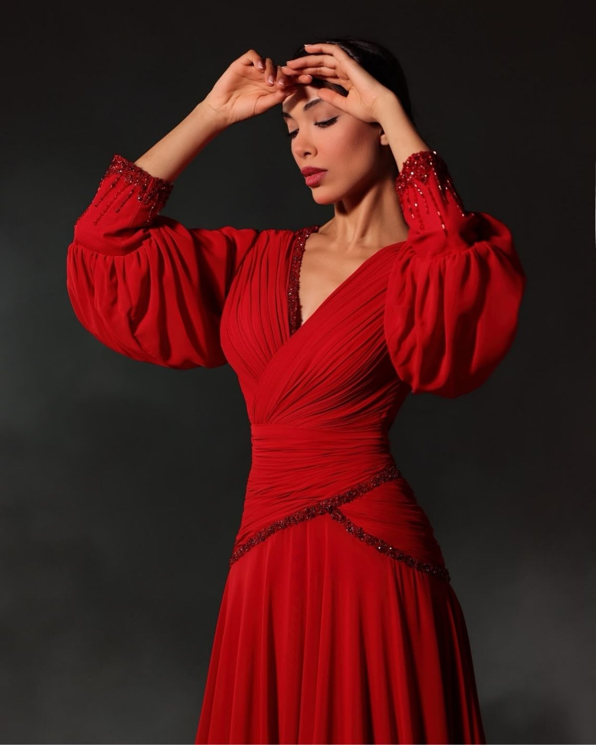 Red embroidered full sleeve pleated gathered long gown
