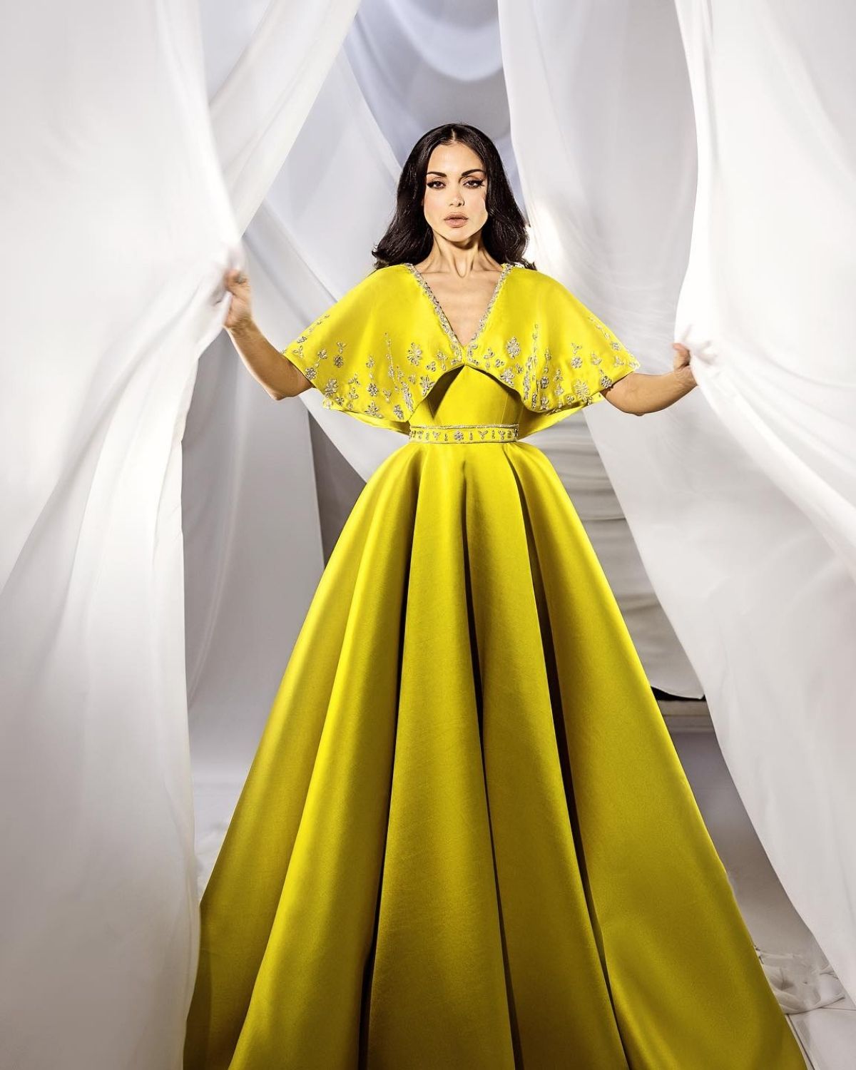 Bright yellow V neck embroidered cape style Aline flowy gown