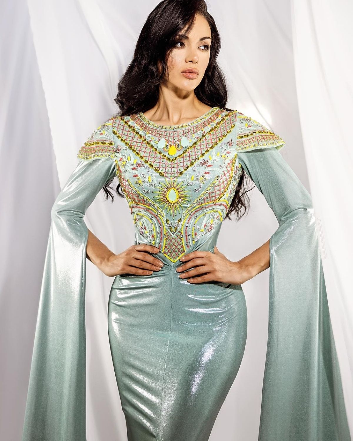 Feroze Blue embroidered cape sleeves front slit bodycon gown