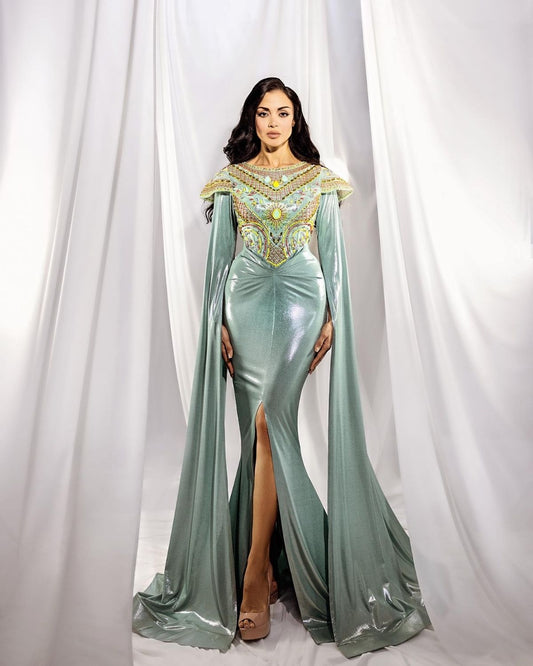 Feroze Blue embroidered cape sleeves front slit bodycon gown
