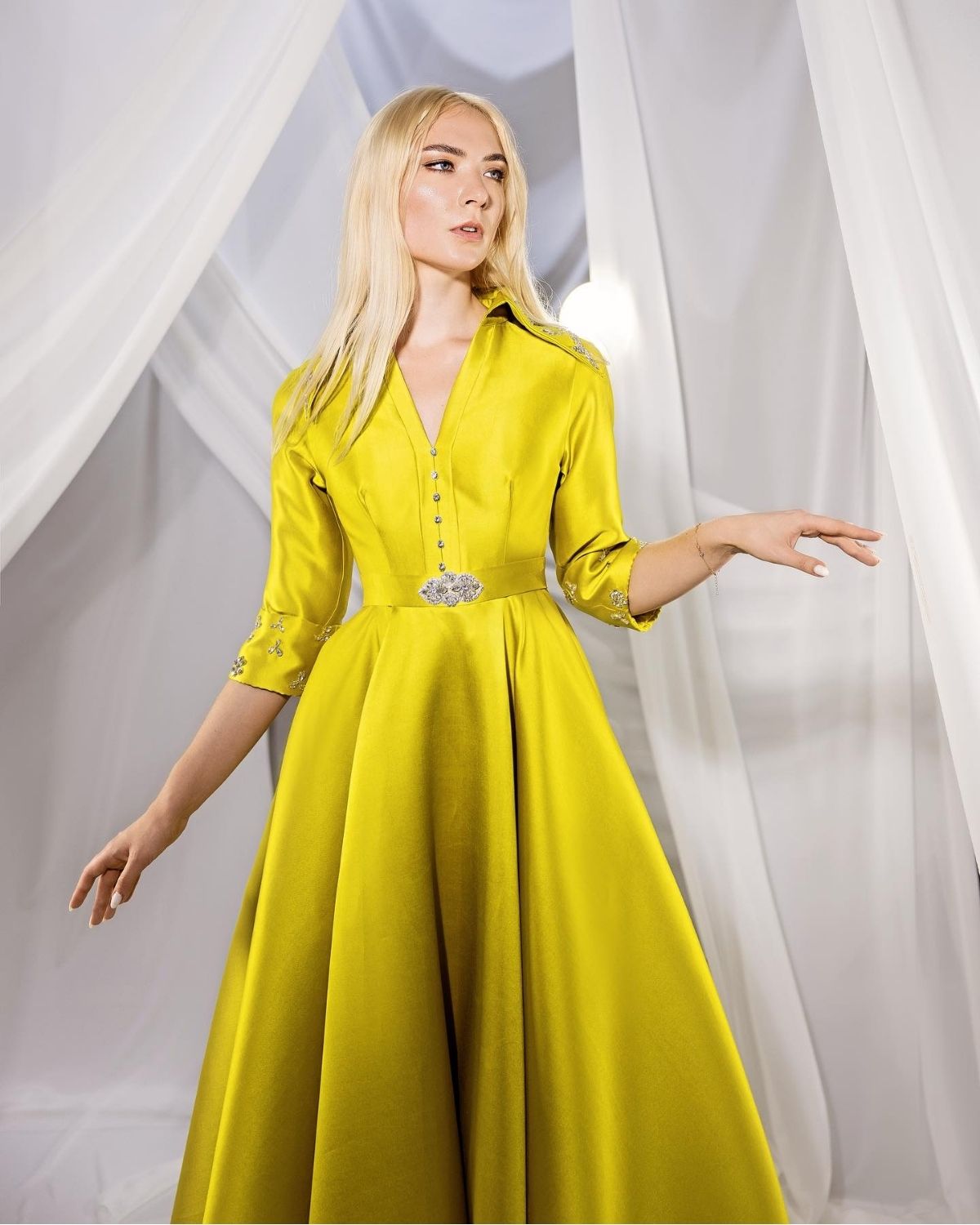 Neon Yellow embroidered A line ballgown