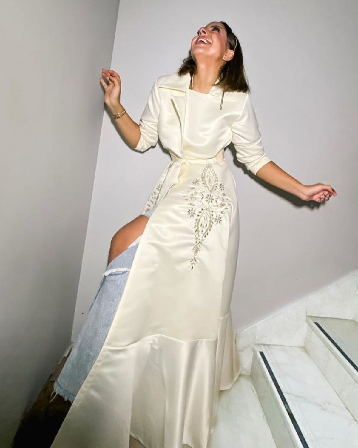 Yousra Madbouli in white embroidered co-Ord set