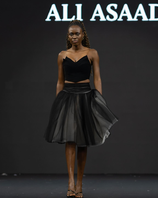 Black corsets blouse and mesh gathered short skirt