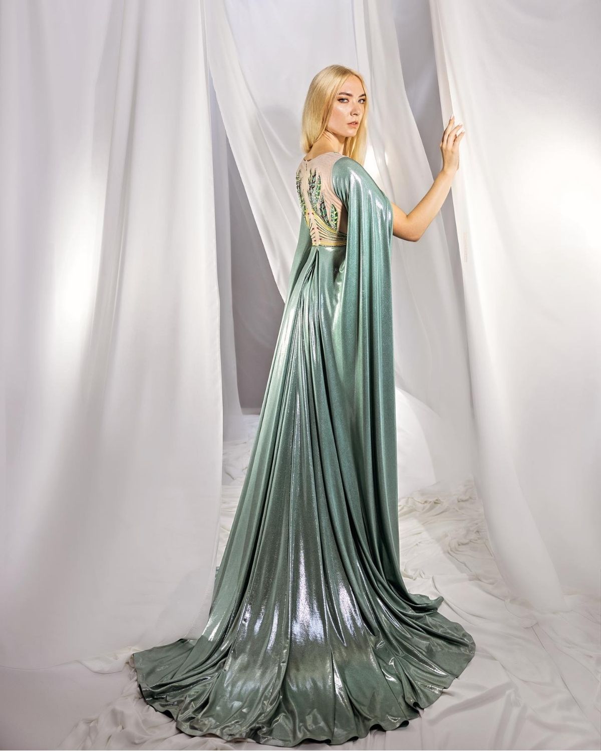 Light Feroze blue shimmer embroidered bodycon cape gown