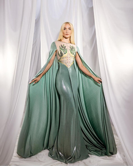 Light Feroze blue shimmer embroidered bodycon cape gown