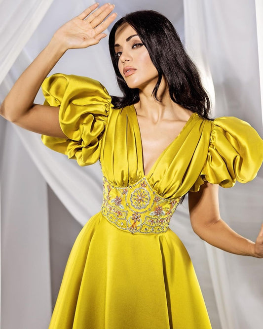 Bright Yellow embroidered V neck flowy gown with puffed sleeves